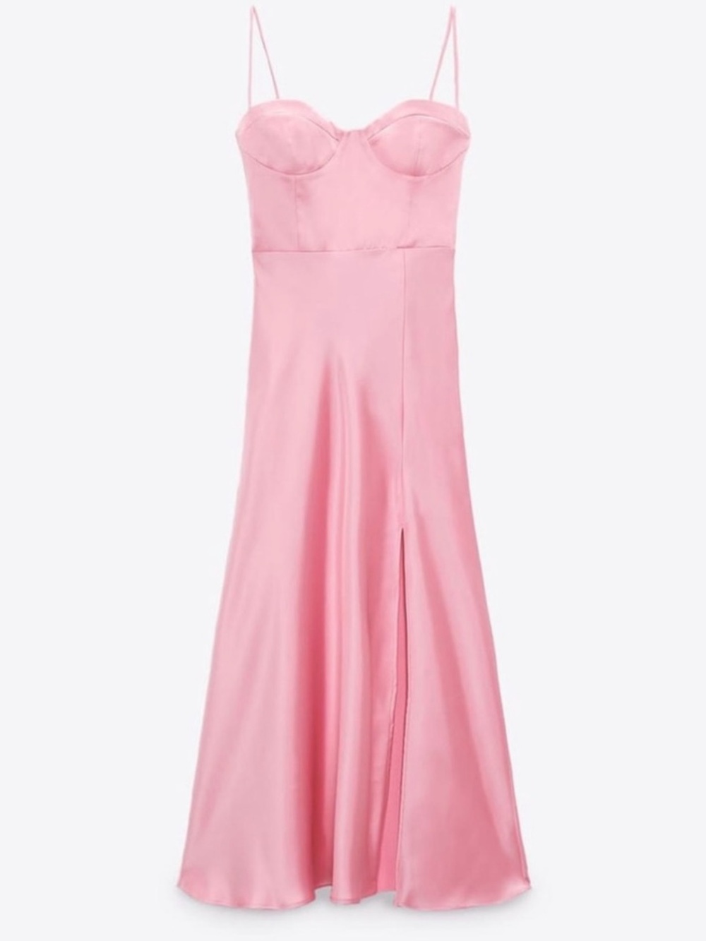 Zara Pink Satin Midi Dress with Bustier Bodice